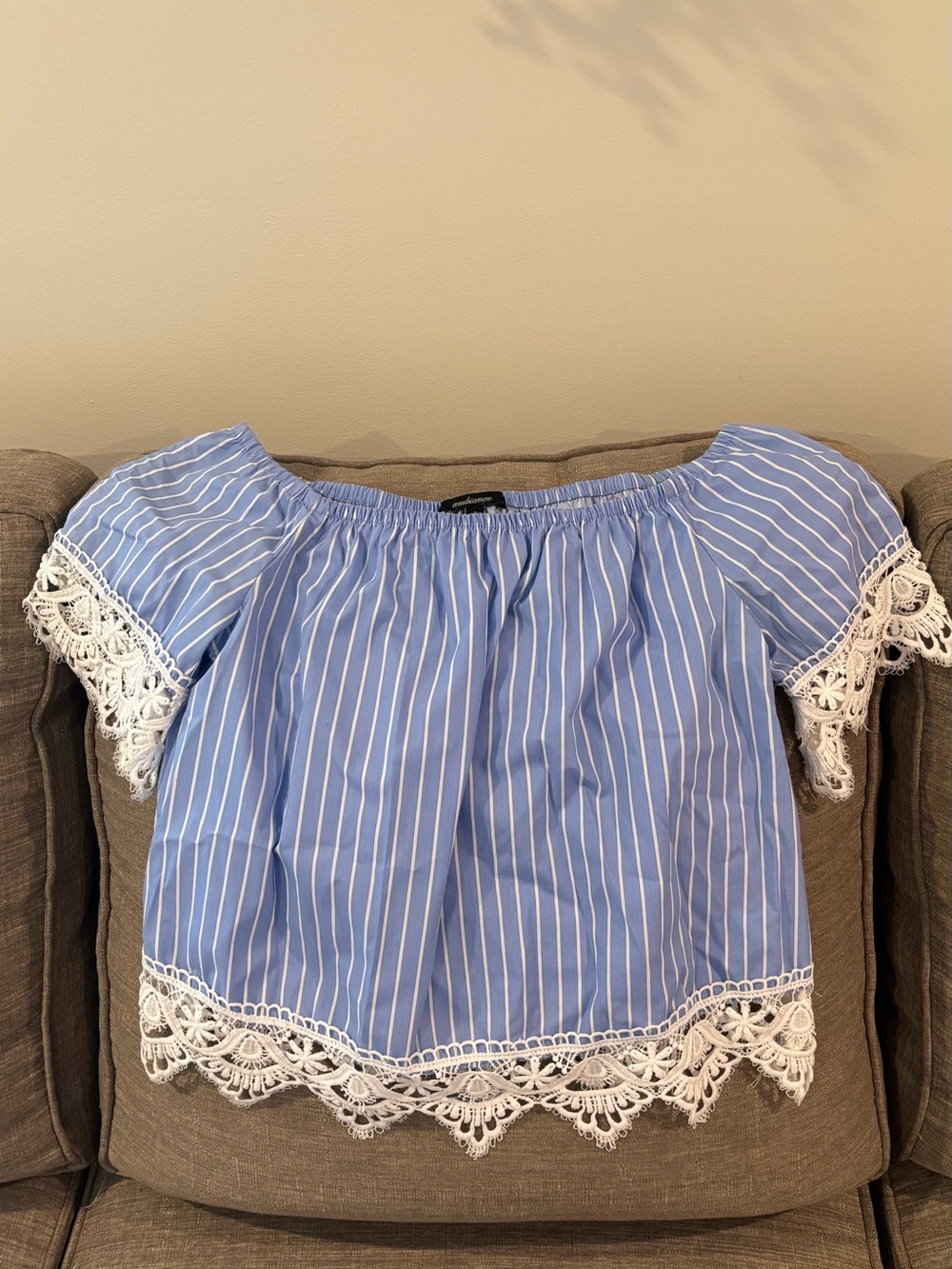 Blue Stripe Off-Shoulder Top with White Lace Trim